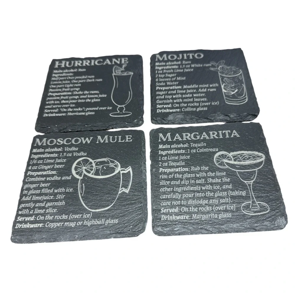 Set of 4 Slate Cocktail Recipe Coasters Mojito Margarita Moscow Mule Hurricane